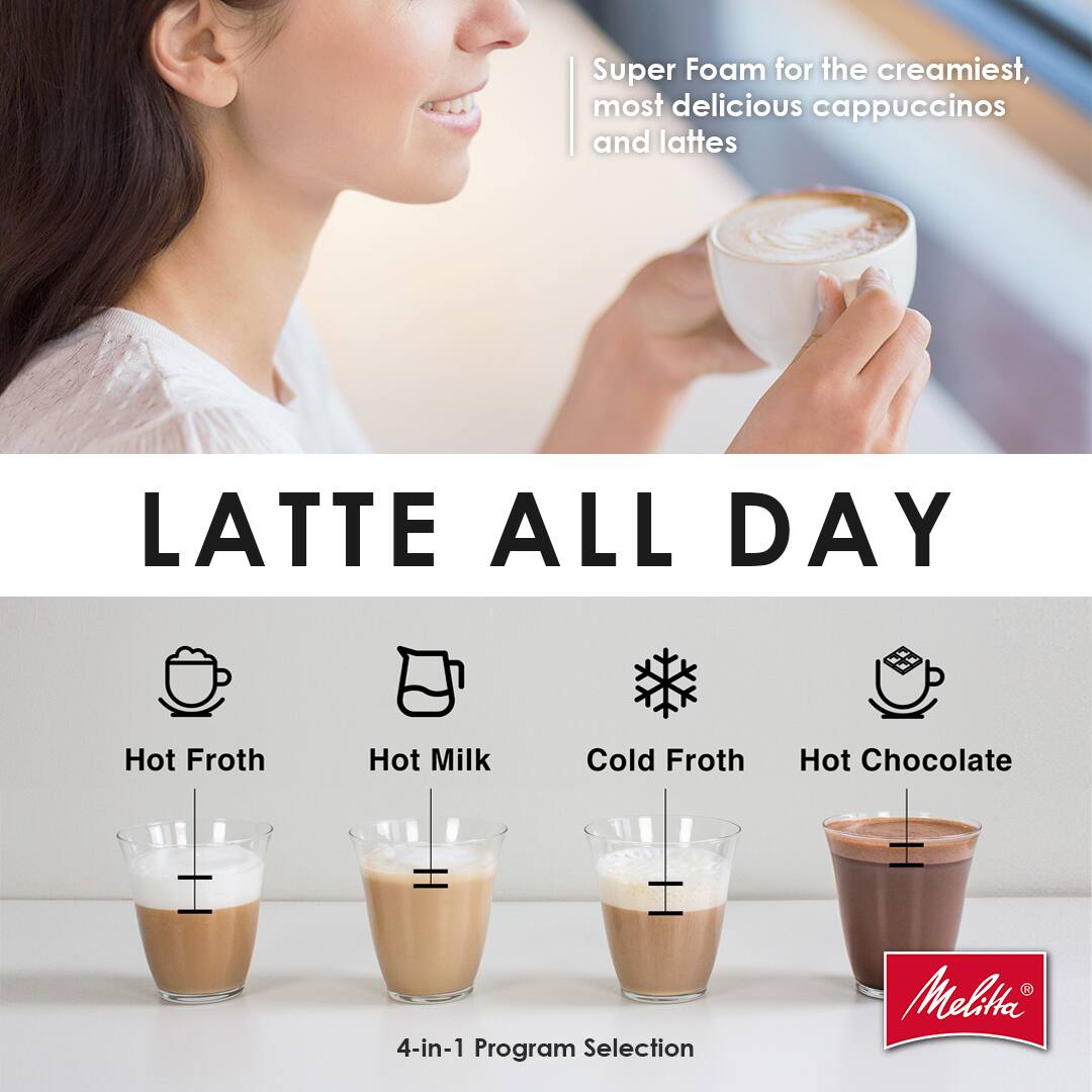 Super Foam for the creamiest, most delicious cappuccinos and lattes

LATTE ALL DAY

Hot Froth Hot Milk Cold Froth Hot Chocolate

4-in-1 Program Selection

Melitta