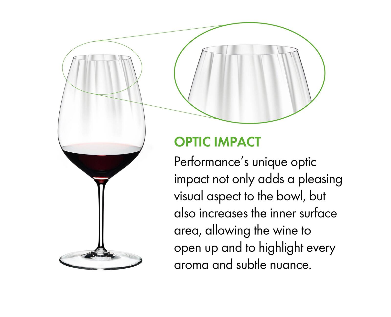 OPTIC IMPACT

Performance's unique optic impact not only adds a pleasing visual aspect to the bowl, but also increases the inner surface area, allowing the wine to open up and to highlight every aroma and subtle nuance.
