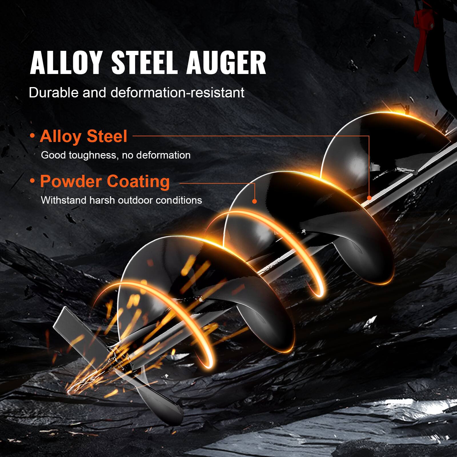 ALLOY STEEL AUGER  
Durable and deformation-resistant  

- Alloy Steel  
  Good toughness, no deformation  

- Powder Coating  
  Withstand harsh outdoor conditions