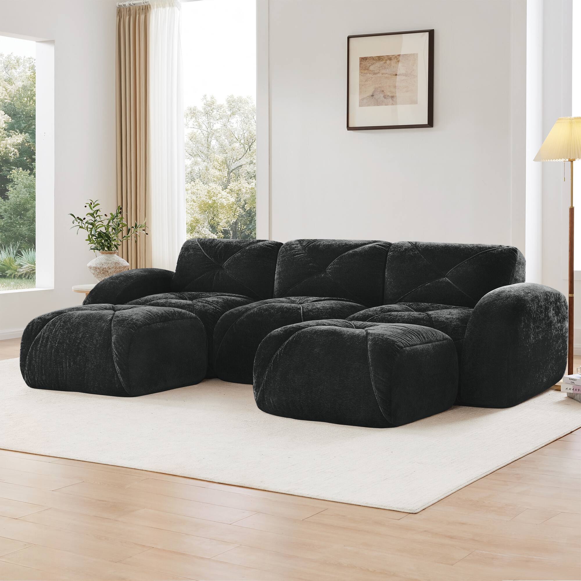 Front. Aukfa - U-Shaped Boneless Sofa - Tufted Design, 32D High Density Sponge, No Assembly, with Ottomans for Study & Home Theater - Black.