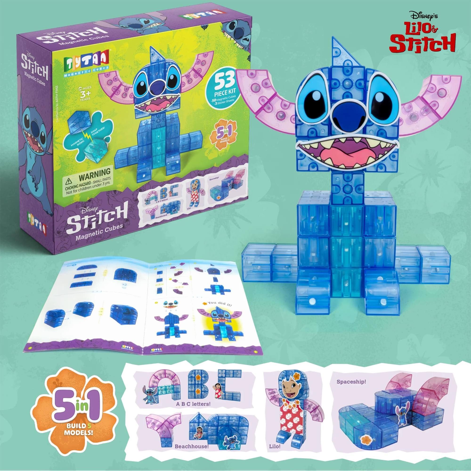 STITCH Magnetic Cubes 53 PIECE KIT | 51 in 1 BUILD 5 MODELS! A BOY, Spaceship! Beachhouse! Lilo!