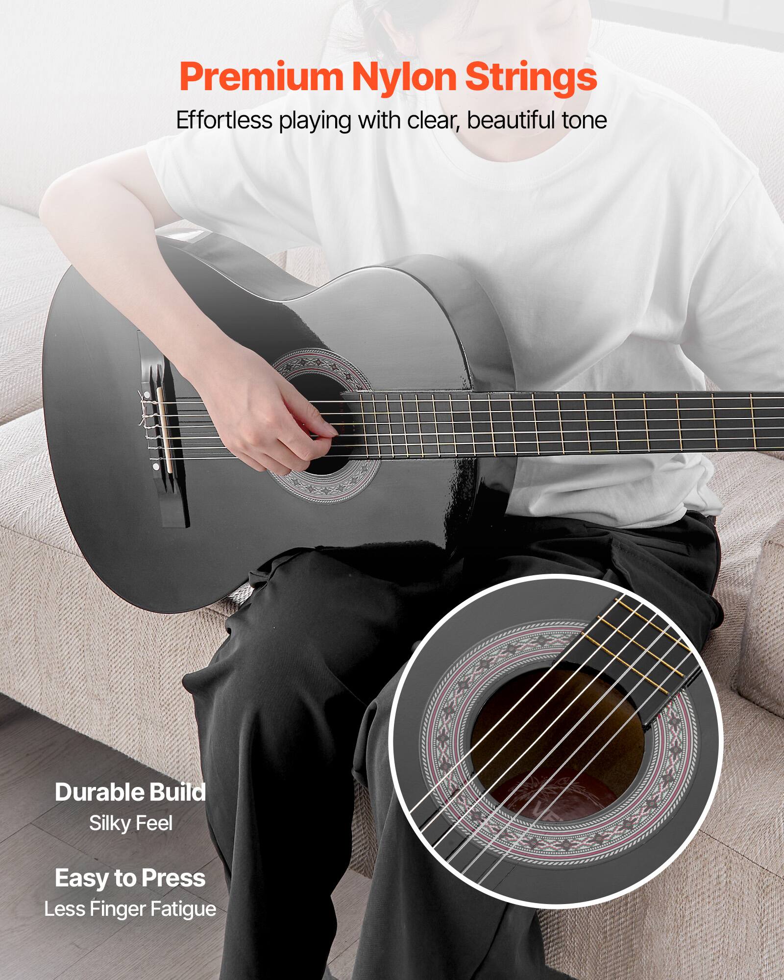 Premium Nylon Strings  
Effortless playing with clear, beautiful tone  

Durable Build  
Silky Feel  
Easy to Press  
Less Finger Fatigue