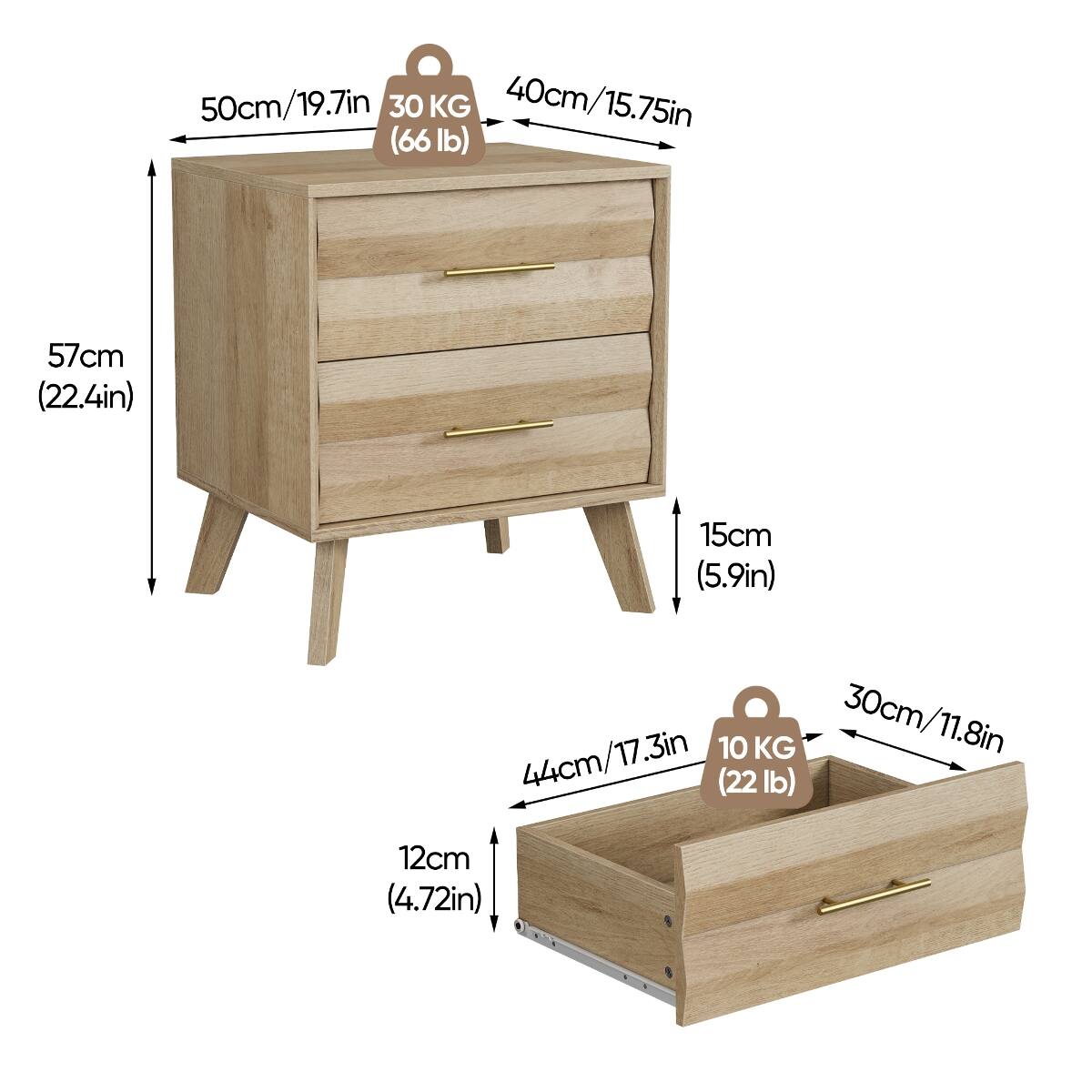 50cm/19.7in 30 (66lb) KG 40cm/15.75in  
57cm (22.4in)  
15cm (5.9in)  
44cm/17.3in 10 KG 30cm/11.8in (22lb) 12cm (4.72in)