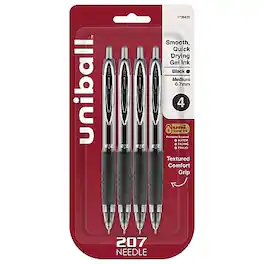 uni-ball - 207 Needle Retractable Gel Pens, Medium Point, 0.7mm, 4/Pack - Black Ink