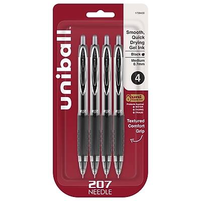 Uniball 3 CT 207 1738430  
Smooth, Quick Drying Gel Ink  
Black Ink  
0.7mm Medium  
4 Pens  
Textured Comfort Grip  
207 Needle