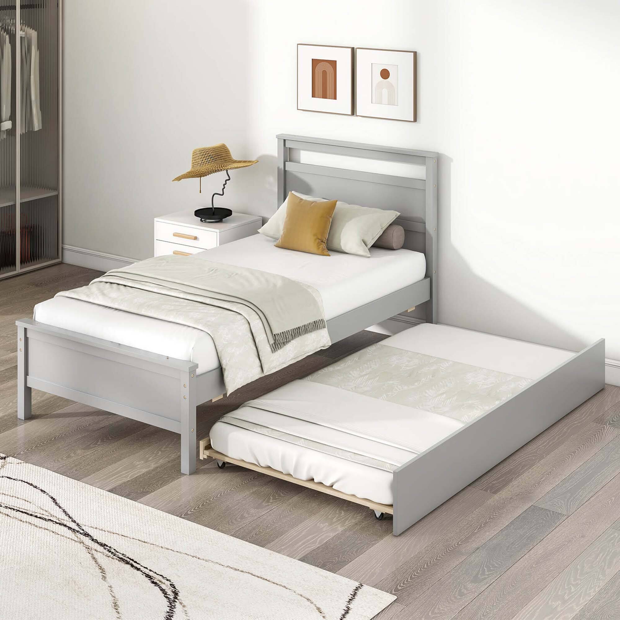 Angle. Costway - Twin Size Platform Bed with Trundle Pull-out Trundle Headboard & Footboard - Gray.
