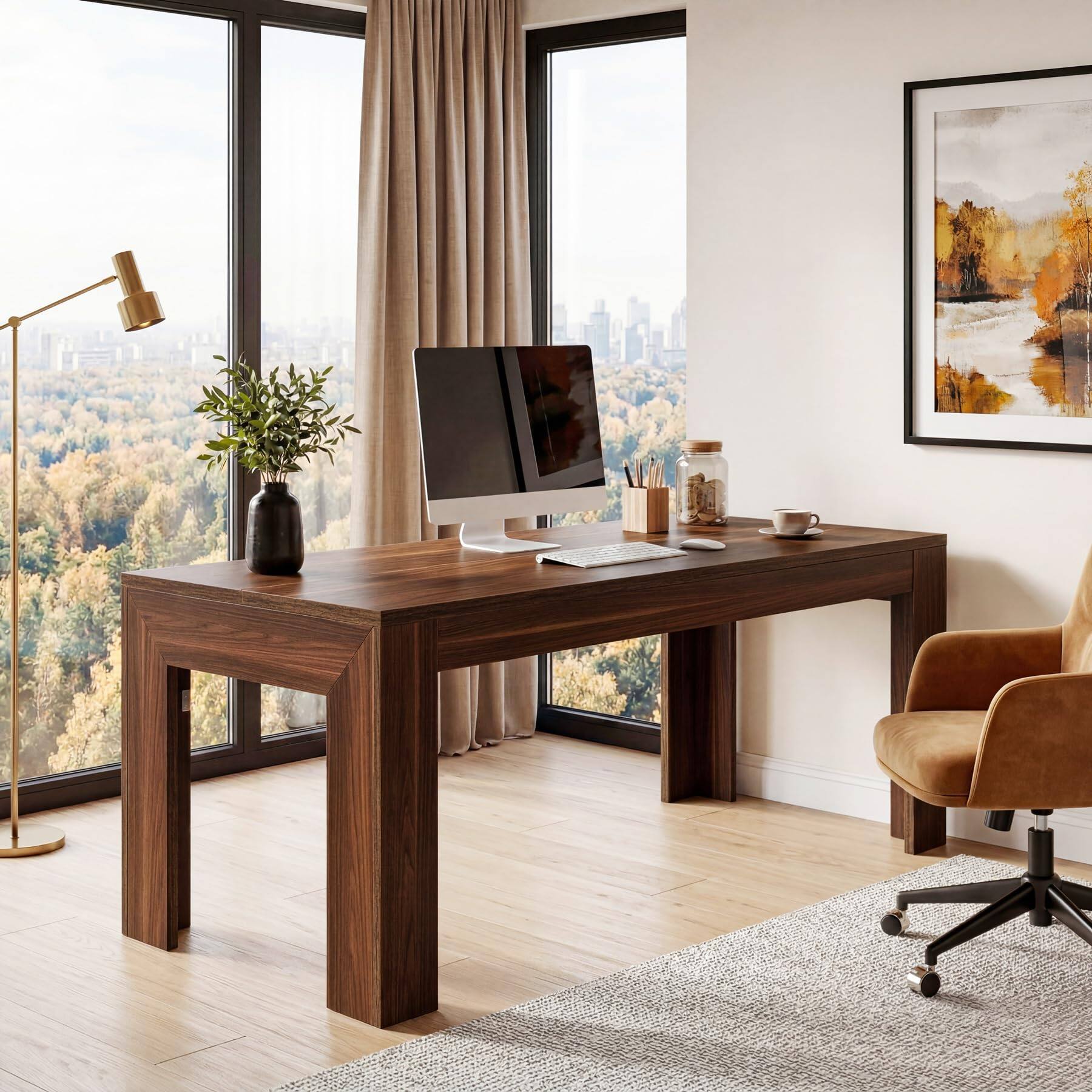 Alt View 1. Tribesigns - 63" Modern Home Office Desk, Long Wooden Computer Desk, Walnut - Walnut.