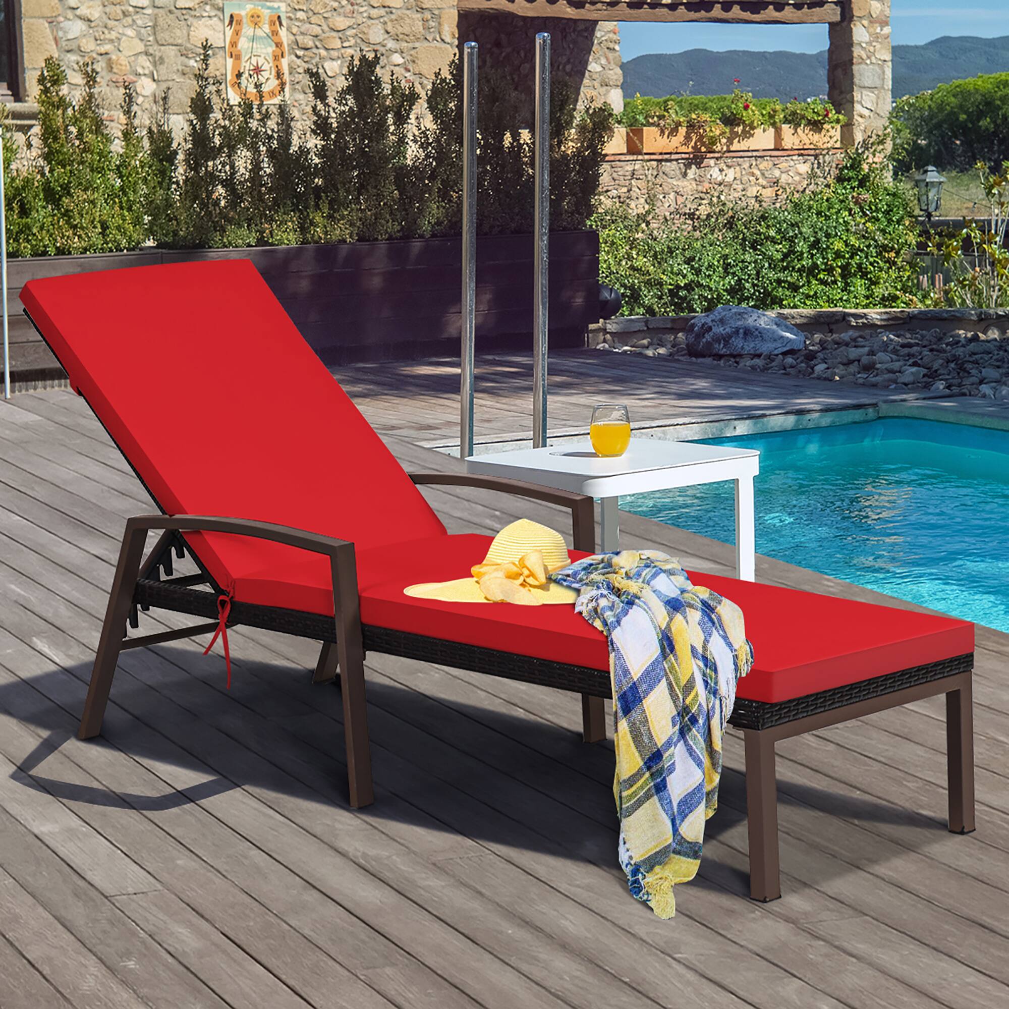Alt View 1. Costway - Patio Rattan Lounge Chair Chaise Recliner Back Adjustable w/Cushion Outdoor - Red.