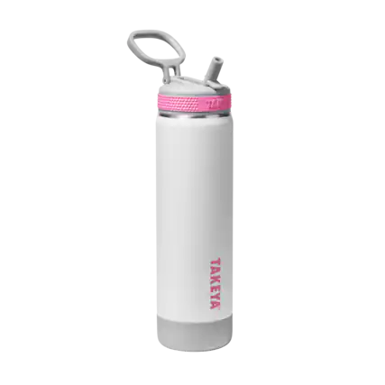 The text on the image reads "TAKE TAKEYA," which is a brand name for a water bottle. The bottle is white and has a pink lid.