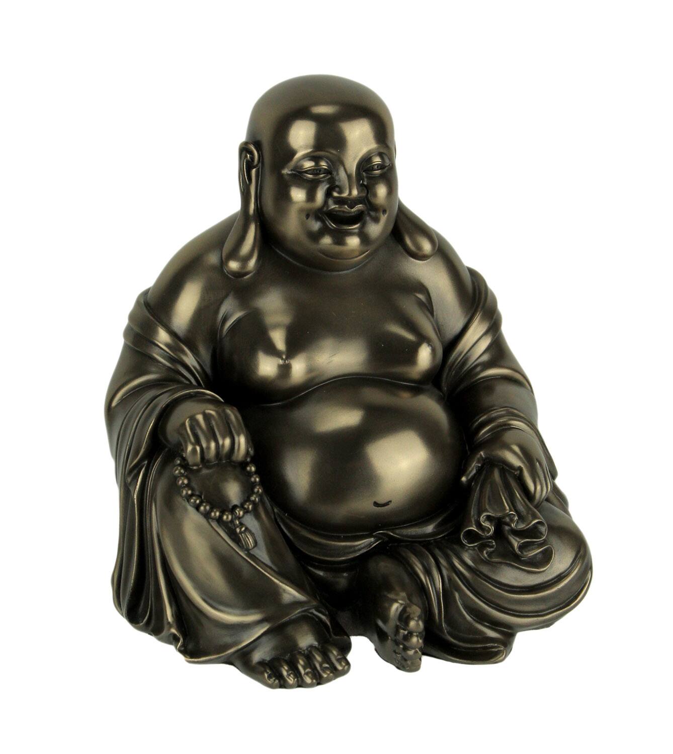 Front. Veronese Design - Bronze Finish Laughing Buddha Holding Beads and Bag Statue - Bronze.