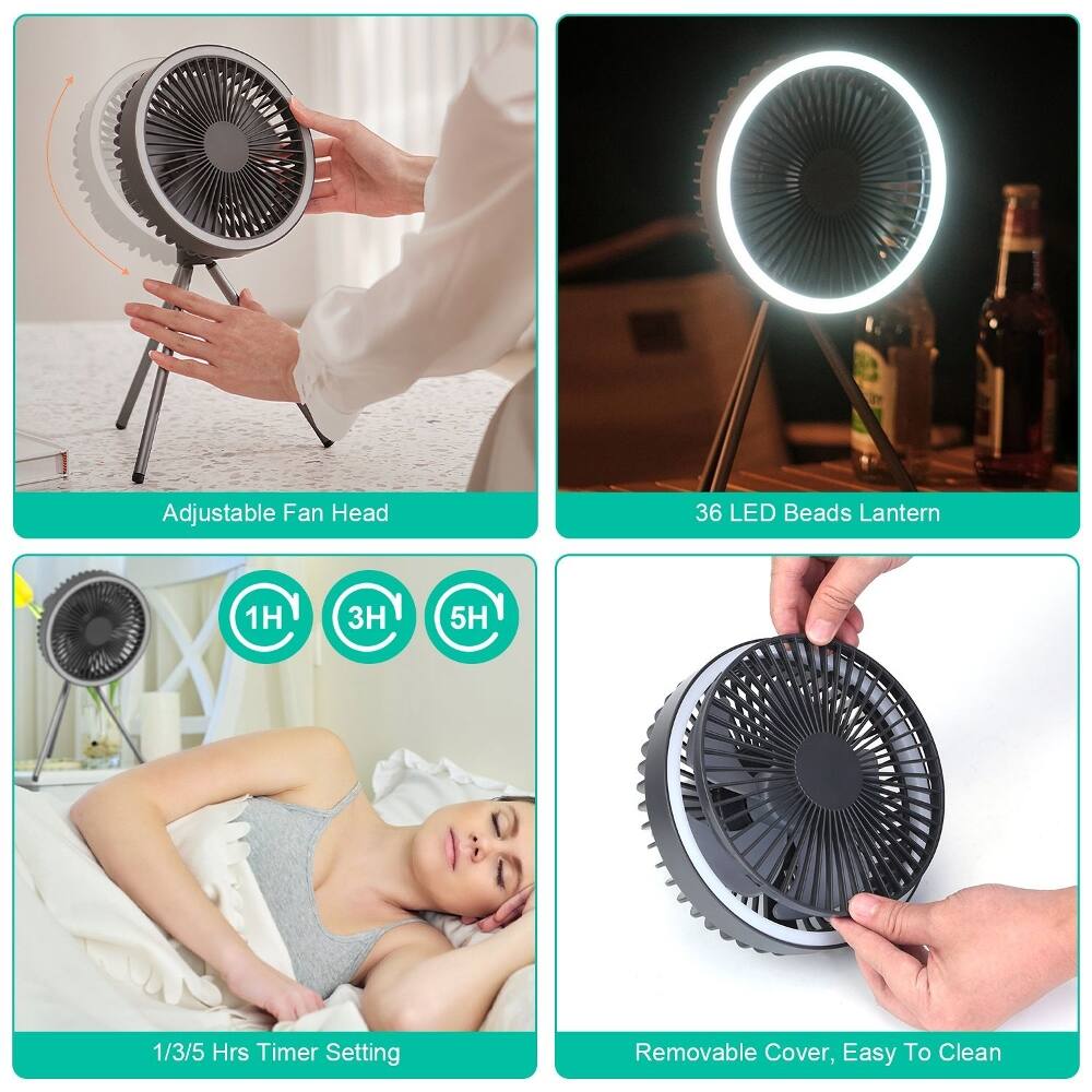 Adjustable Fan Head  
36 LED Beads Lantern  
1H 3H 5H  
1/3/5 Hrs Timer Setting  
Removable Cover, Easy To Clean