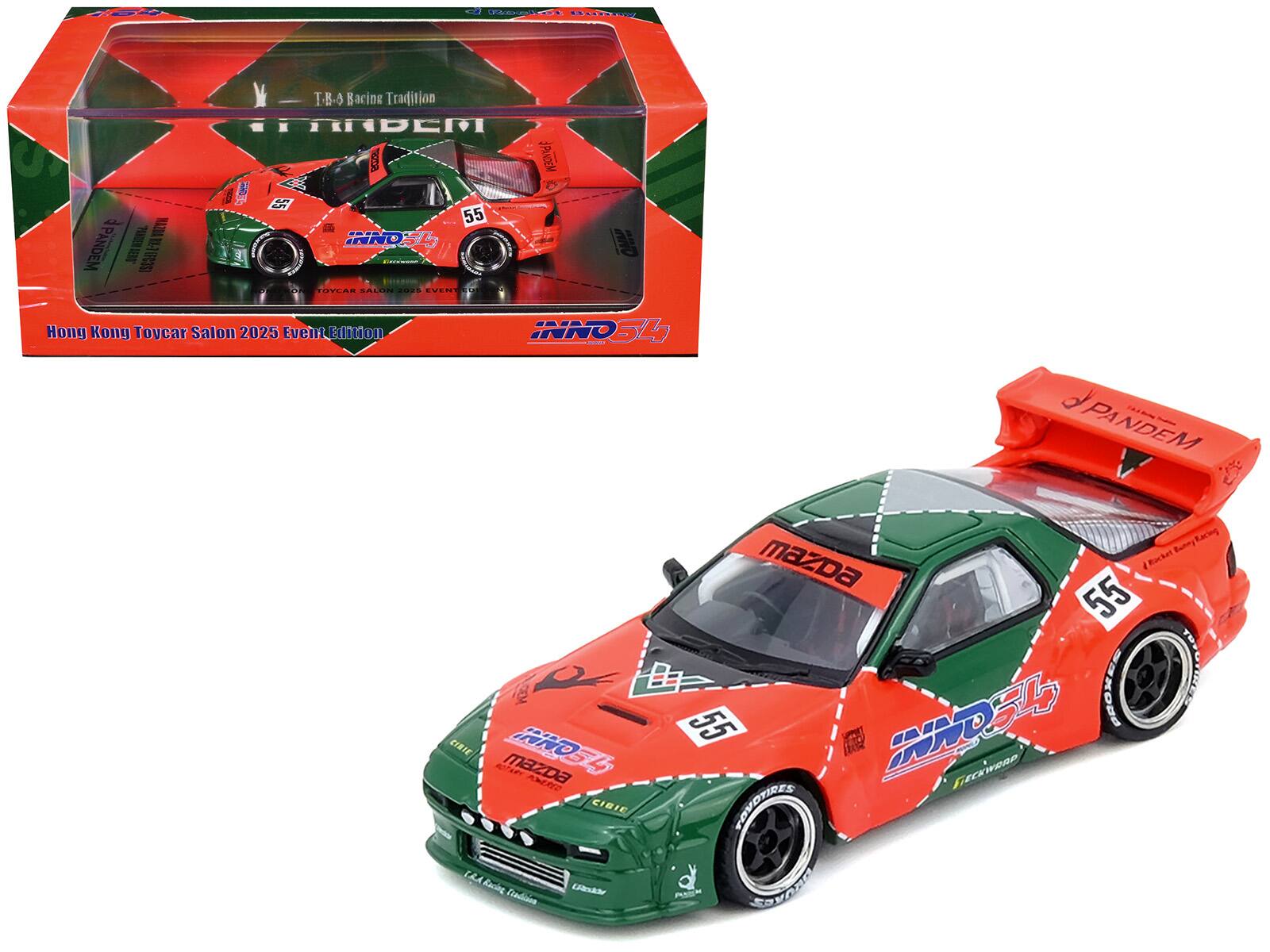 Sure, here is the corrected and grouped text from the image:

---

**Front of the Box:**
- T-B-0 Racing Tradition
- Hong Kong Toycar Salon 2025 Event Edition
- INNO54
- PANDEM

**Side of the Box:**
- INNO54
- PANDEM

**On the Car:**
- 55
- INNO54
- PANDEM
- MAZDA
- MAZDA 3
- CIBIE
- TOYO TIRES
- PANDEM
- FREEWARP
- 1st Auto Racing
- Limited Edition

**Bottom of the Box:**
- Hong Kong Toycar Salon 2025 Event Edition

---