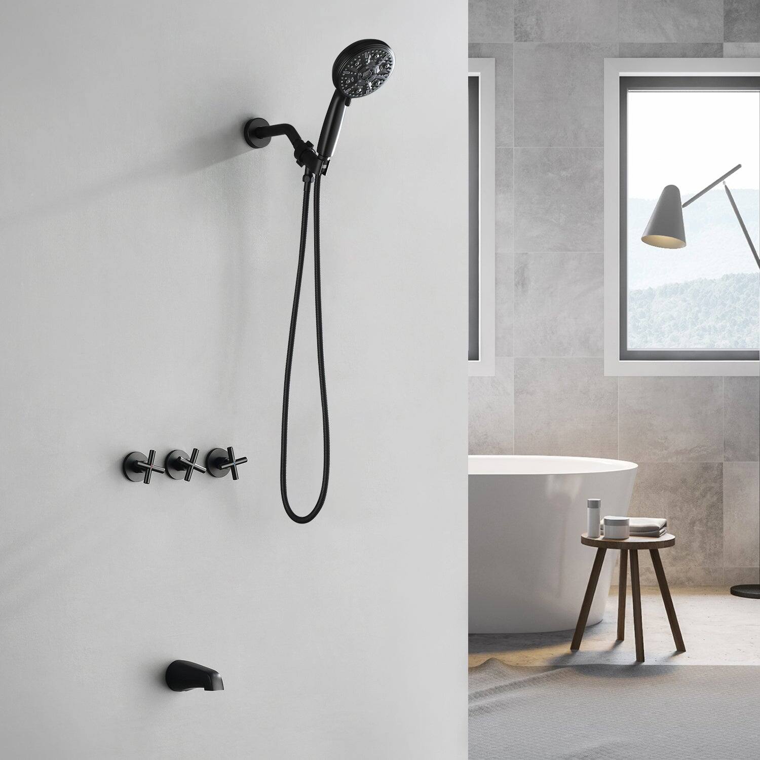 Alt View 2. Boyel Living - Matte Black Shower Set with 10 Function ABS Handheld Shower Three Handle Control and High Flow Tub Spout - Matte Black.