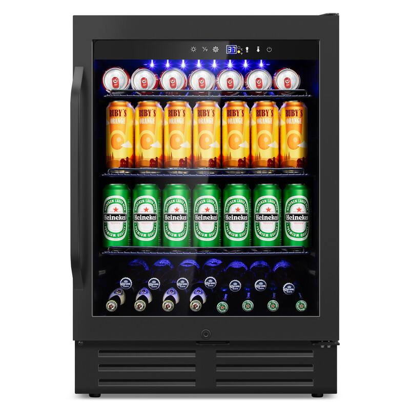 HOOURE - 23.4 in. Single Zone 180-Cans Built-In/Freestanding Beverage Cooler With Childproof Lock and 2 Keys In - Black