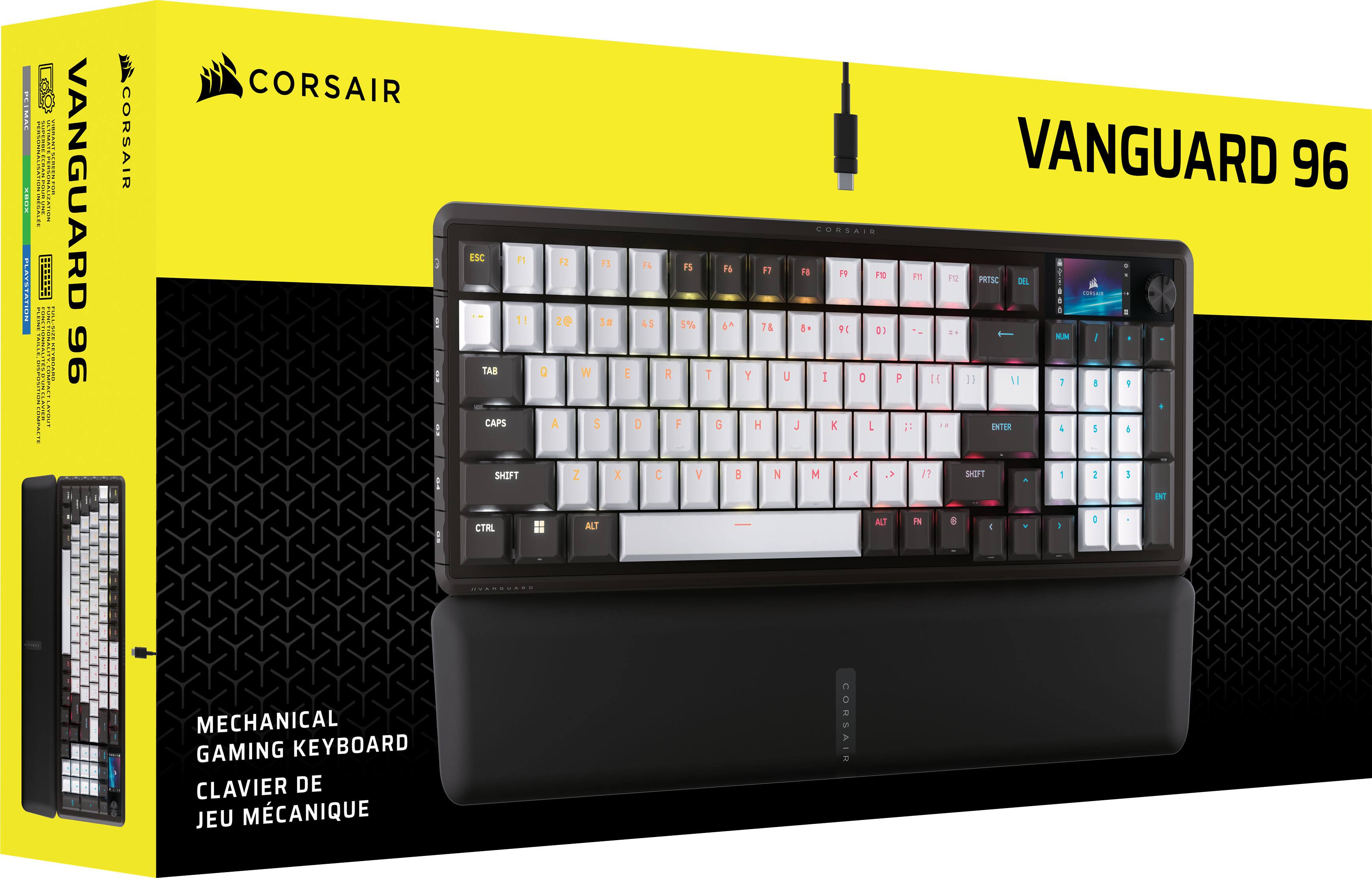 Sure, here is the corrected and grouped text from the image:

---

**VANGUARD 96**

**CORSAIR**

**MECHANICAL GAMING KEYBOARD**

**CLAVIER DE JEU MÉCANIQUE**

---

**Key Layout:**

- **Top Row:** ESC F1 F2 F3 F4 F5 F6 F7 F8 F9 F10 F11 F12
- **Second Row:** 1 ! 2 @ 3 # 4 $ 5 % 6 ^ 7 & 8 * 9 ( 0 ) - _ + = 
- **Third Row:** TAB Q W E R T Y U I O P [ { ] } \
- **Fourth Row:** CAPS A S D F G H J K L ; : ' " ENTER
- **Fifth Row:** SHIFT Z X C V B N M , < . > ? / NUM
- **Bottom Row:** CTRL ALT FN SPACE ALT CTRL

**Additional Keys:**

- **Right Side:** PRTSC DEL
- **Right Arrow Keys:** FN SHIFT 1 2 3 4 5 6 7 8 9 0 - = 
- **Right Arrow