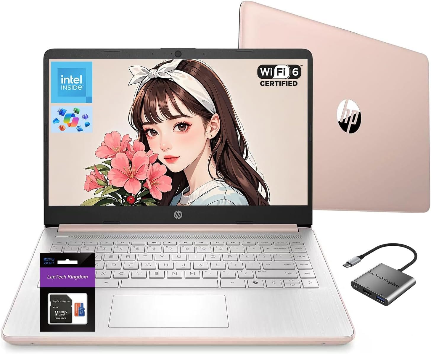 HP - 14" Laptop 1-Year Office 365 Quad-Core 16GB RAM 256GB Storage (128GB UFS+128GB SD Card) W/ 3-IN-1 Hub Wi-Fi 6 - Rose Gold