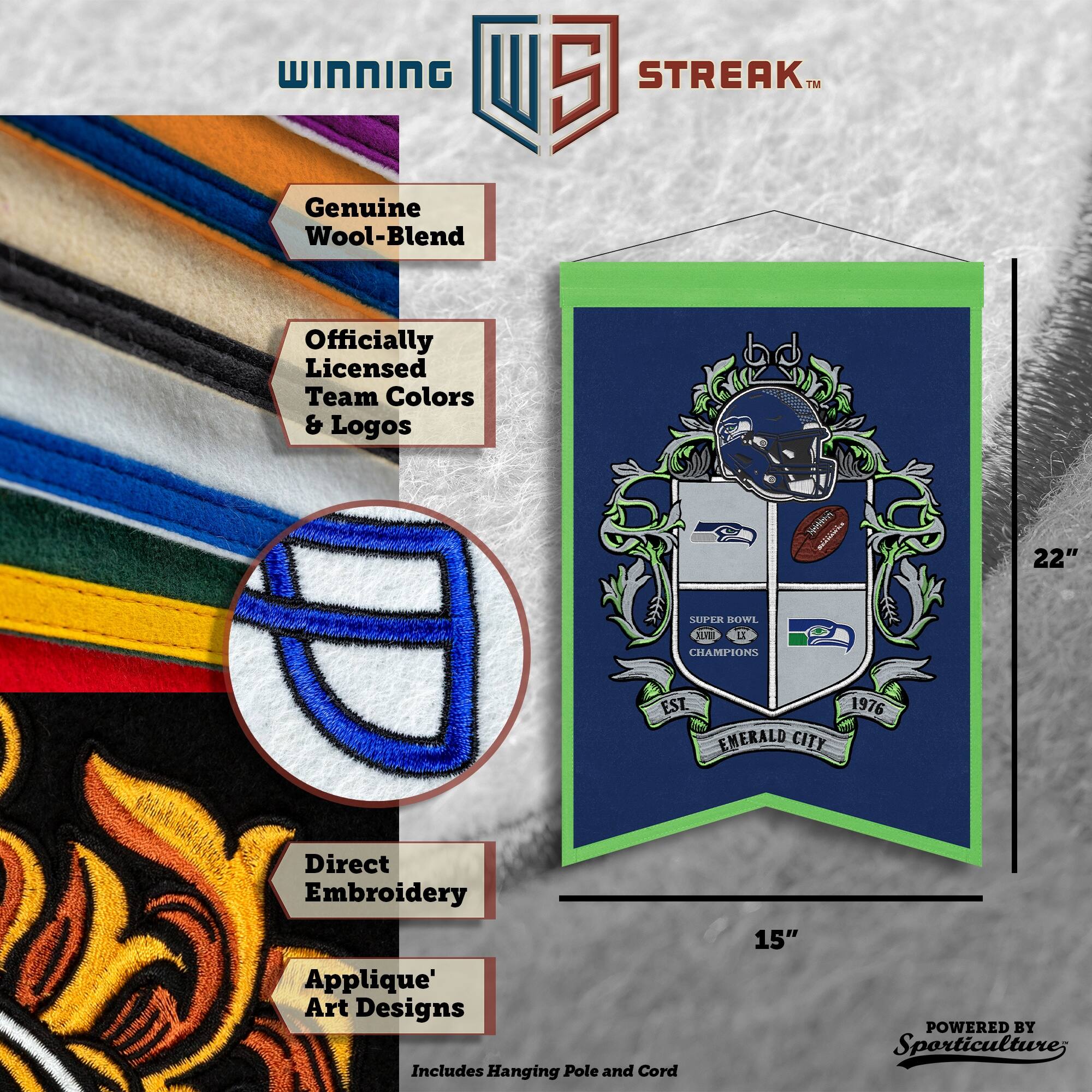 WINNING U 5 STREAK™ Genuine Wool-Blend Officially Licensed Team Colors & Logos. 22" UPER ROWL SVE L CHAMPIONS EST EMERALD CITY 1976. Direct Embroidery Applique' Art Designs. Includes Hanging Pole and Cord. 15" POWERED BY Sporticulture