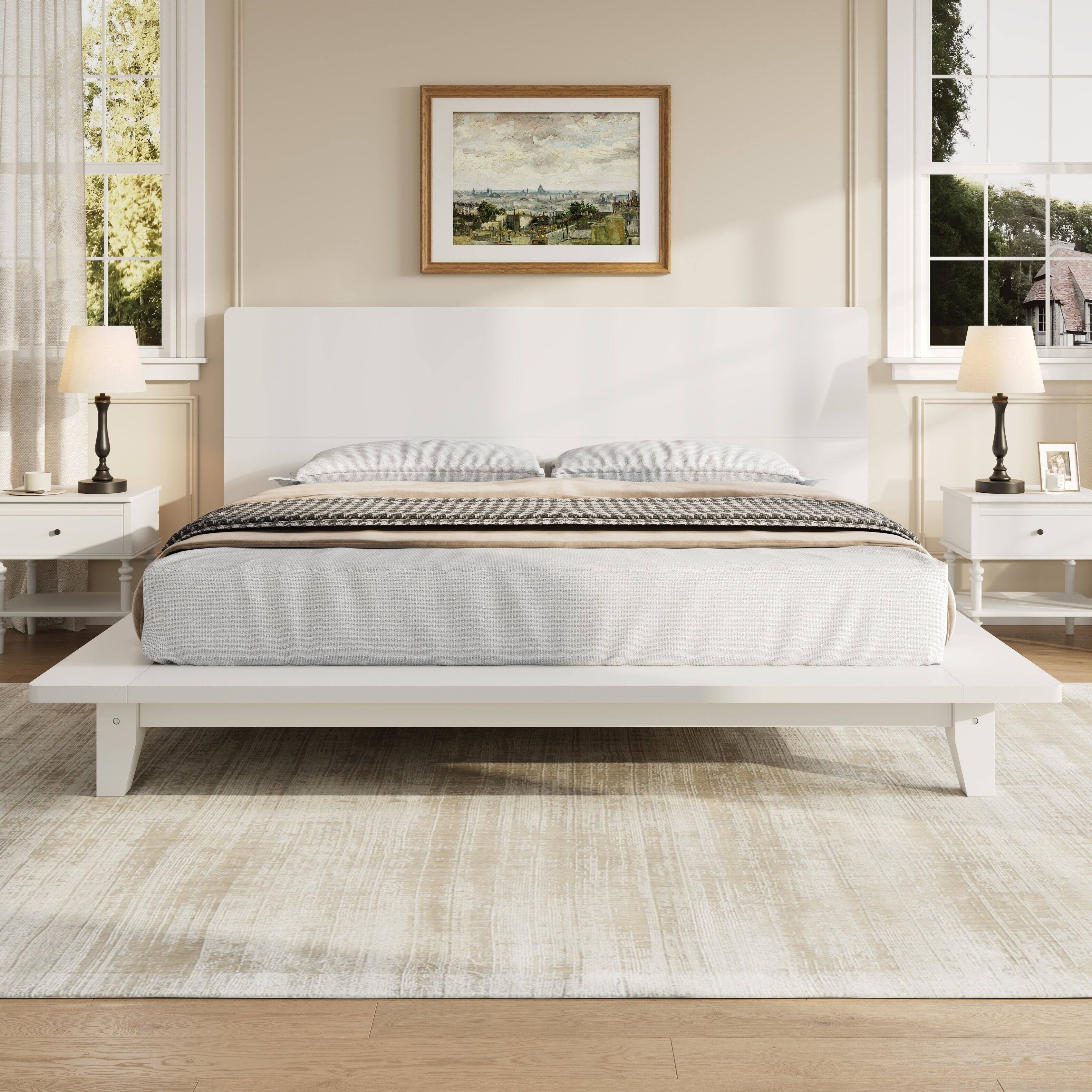 Left. Whisen - Wood Platform Bed Frame with Headboard, Sturdy Bed Support for Bedroom - White.
