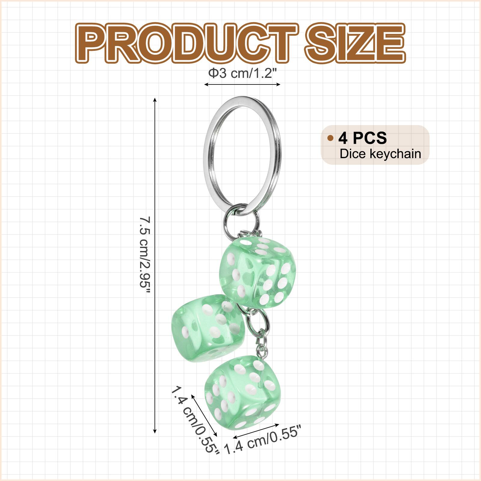 PRODUCT SIZE  
3 cm/1.2"  
4 PCS Dice keychain  
7.5 cm/2.95"  
1.4 cm/0.55"
