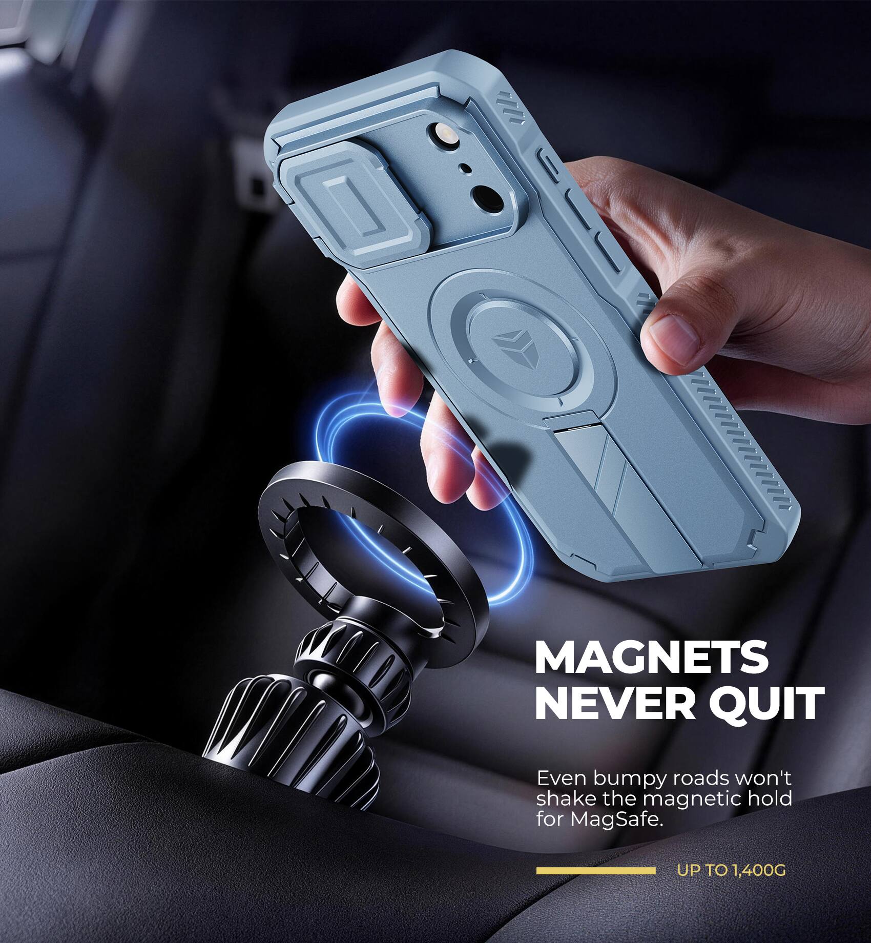 MAGNETS NEVER QUIT

Even bumpy roads won't shake the magnetic hold for MagSafe.

UP TO 1,400G