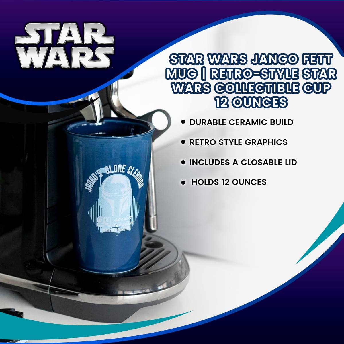 STAR WARS JANGO FETT MUG | RETRO-STYLE STAR WARS COLLECTIBLE CUP 12 OUNCES

- DURABLE CERAMIC BUILD
- RETRO STYLE GRAPHICS
- INCLUDES A CLOSABLE LID
- HOLDS 12 OUNCES