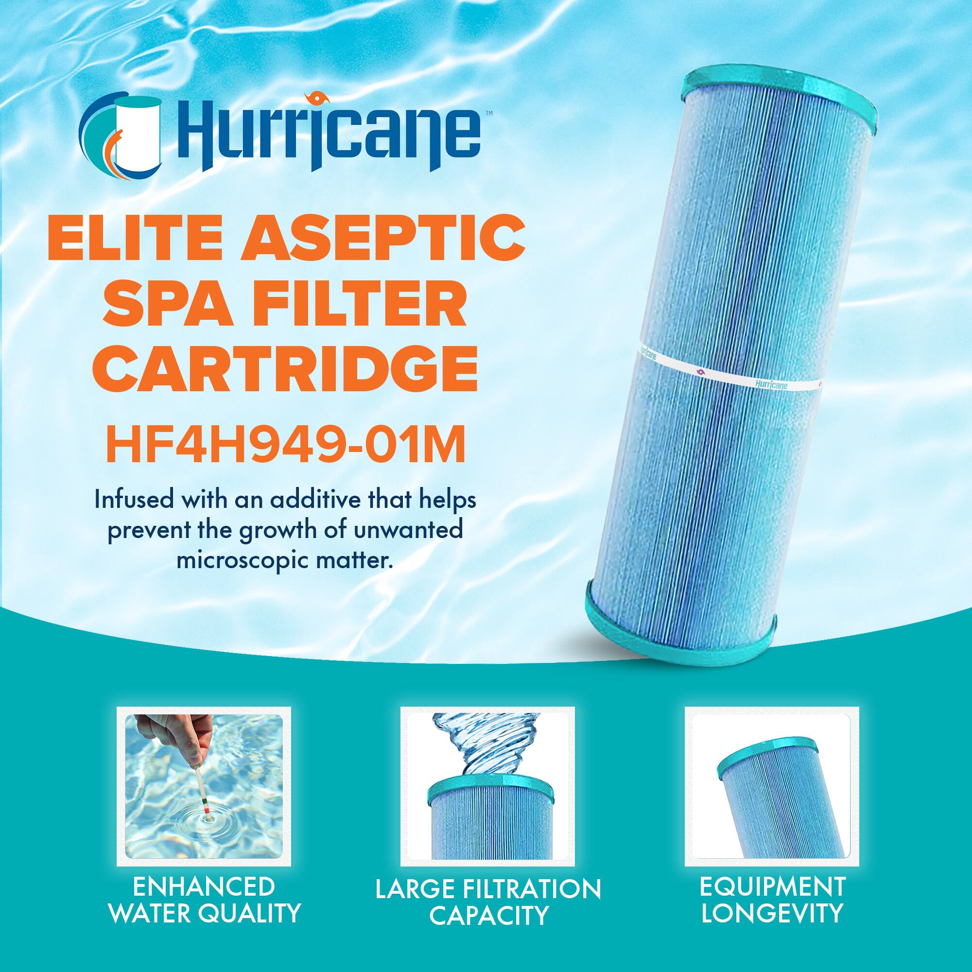 Hurricane

ELITE ASEPTIC SPA FILTER CARTRIDGE  
HF4H949-01M

Infused with an additive that helps prevent the growth of unwanted microscopic matter.

- ENHANCED WATER QUALITY
- LARGE FILTRATION CAPACITY
- EQUIPMENT LONGEVITY