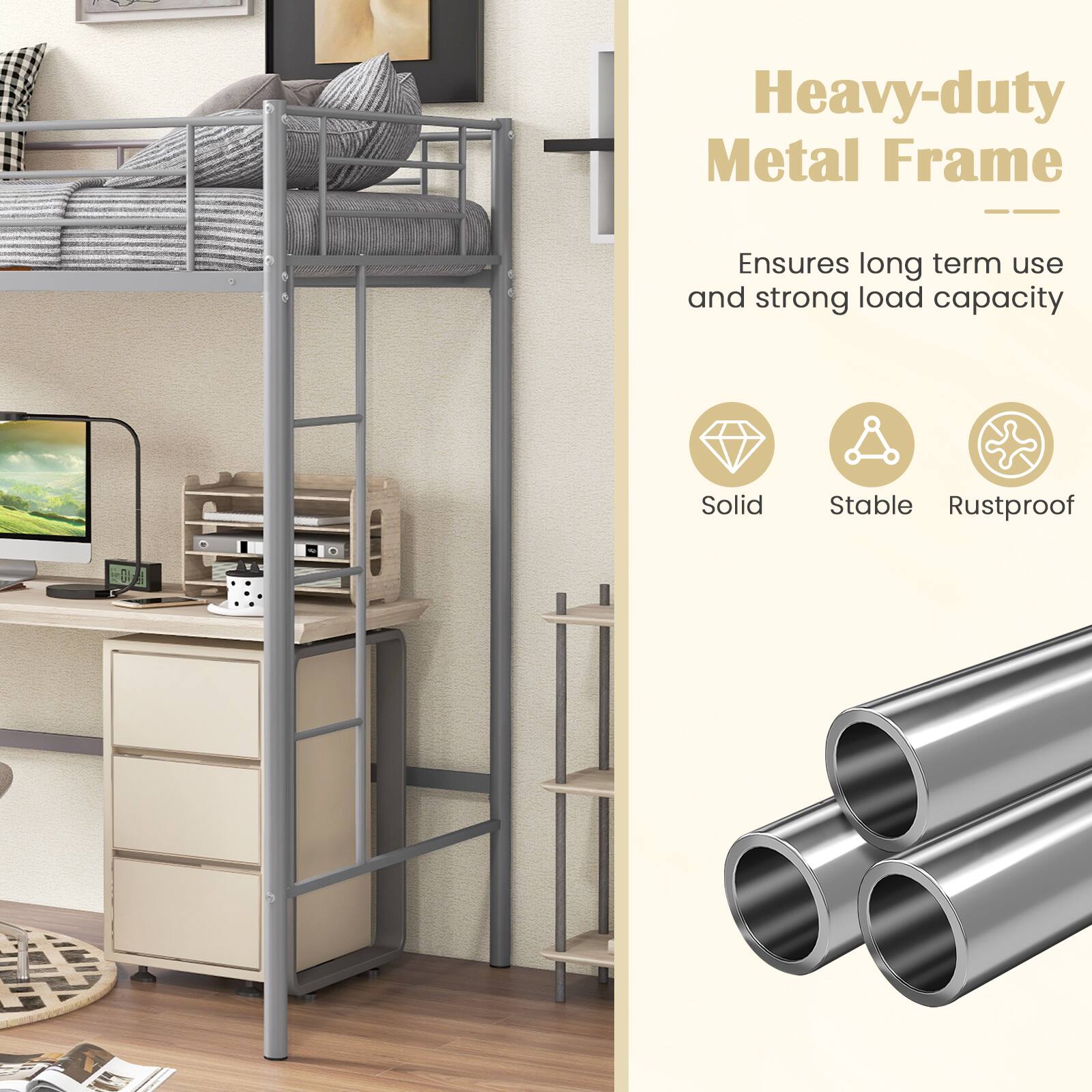 Heavy-duty Metal Frame Ensures long term use and strong load capacity. Solid, Stable, Rustproof.