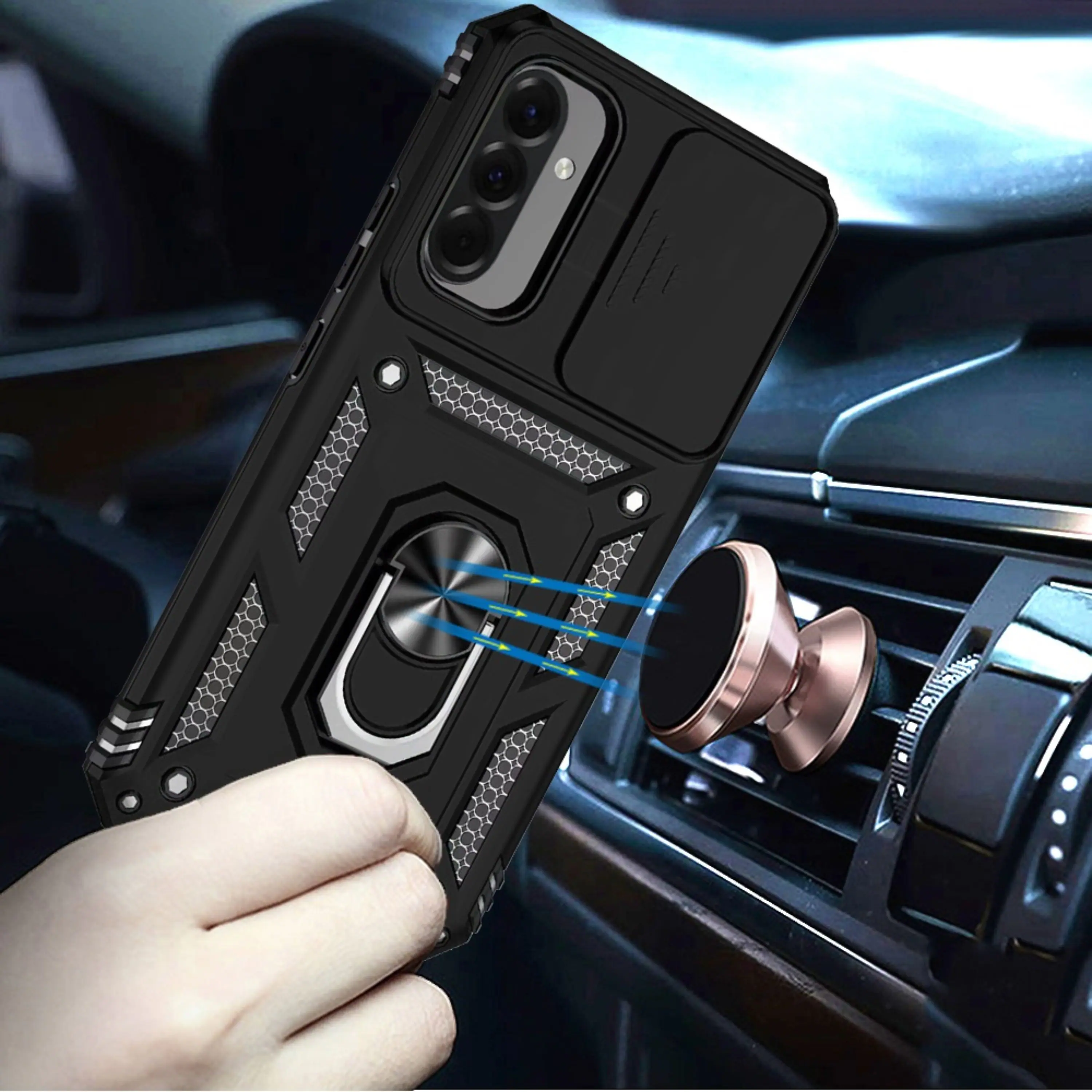 Angle. Kitcheniva - Shockproof Ring Stand Lens Cover Phone Case With Tempered Glass For Samsung Galaxy A57 5G Black - Black.