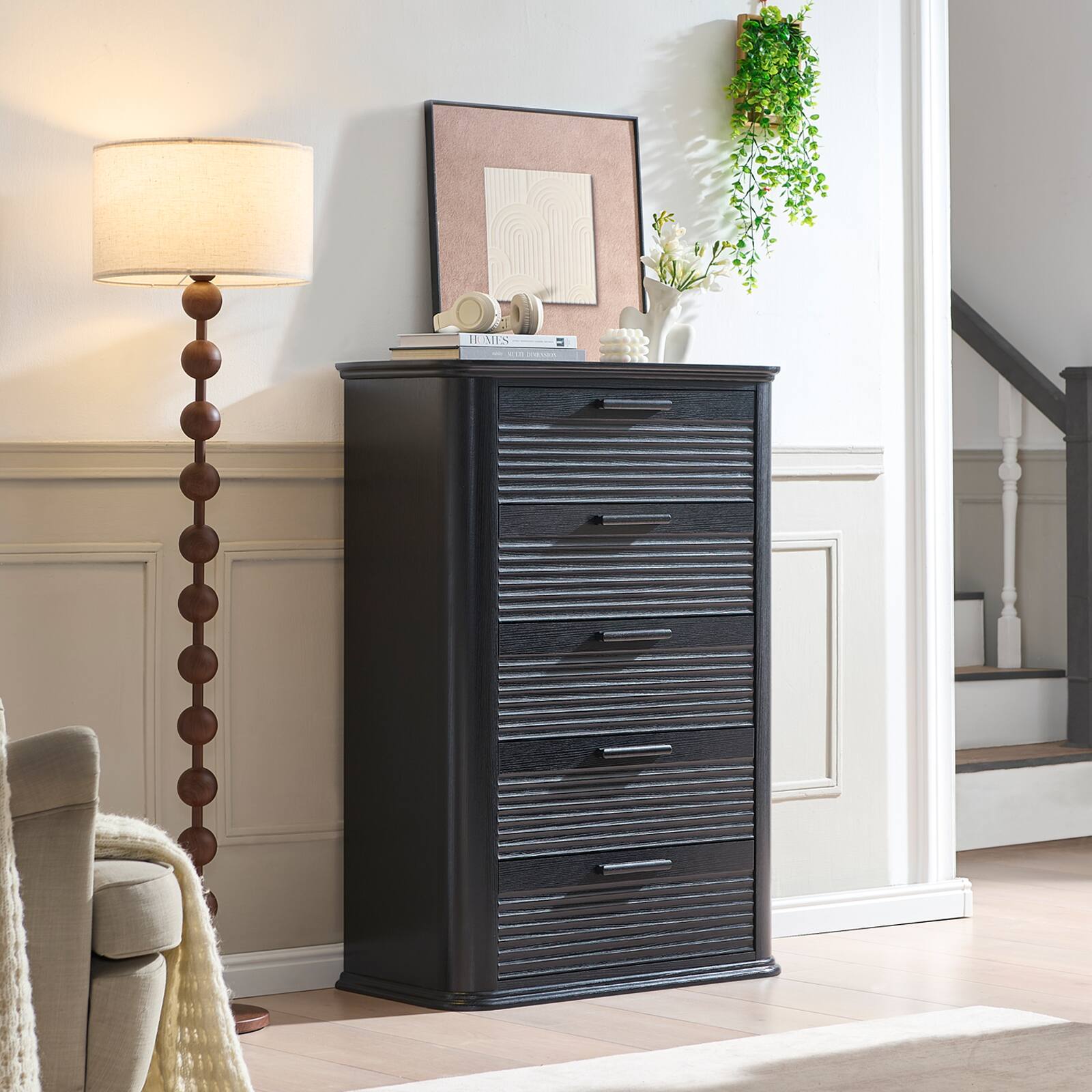 Alt View 2. Forest'nSky - Black Wood 5 drawer 31.5 in. Wide Chest of Drawers with Curved Profile Design for Living Room - Black.