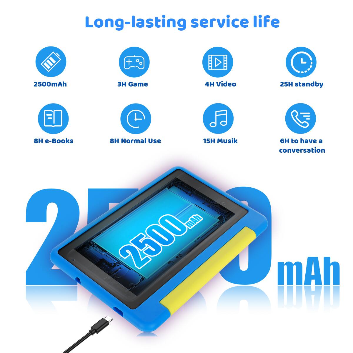 Long-lasting service life

2500mAh

- 3H Game
- 4H Video
- 25H standby
- 8H e-Books
- 8H Normal Use
- 15H Musik
- 6H to have a conversation