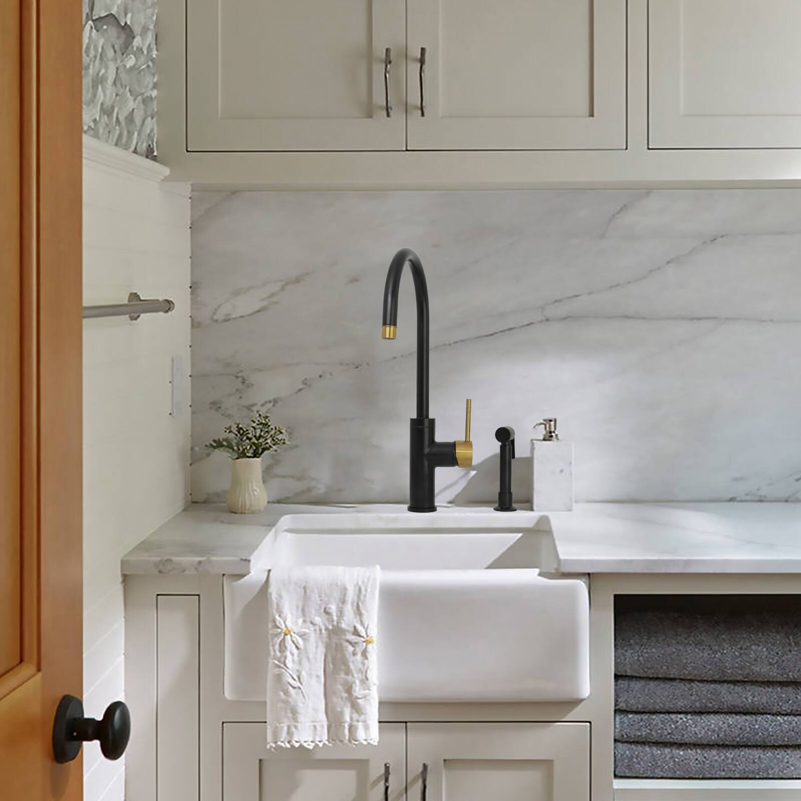 Alt View 4. Akicon - Akicon Solid Brass Single Handle 360° Swivel Widespread Kitchen Faucet with Side Sprayer in Matte Black & Brushed Gold - Matte Black & Brushed Gold.