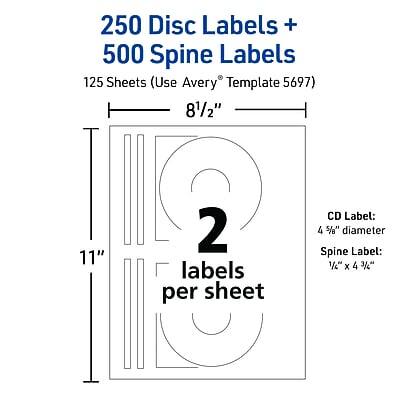 250 Disc Labels + 500 Spine Labels  
125 Sheets (Use Avery® Template 5697)  

8½" x 11"  
2 labels per sheet  

CD Label: 4 5/8" diameter  
Spine Label: 1/2" x 4 3/8"
