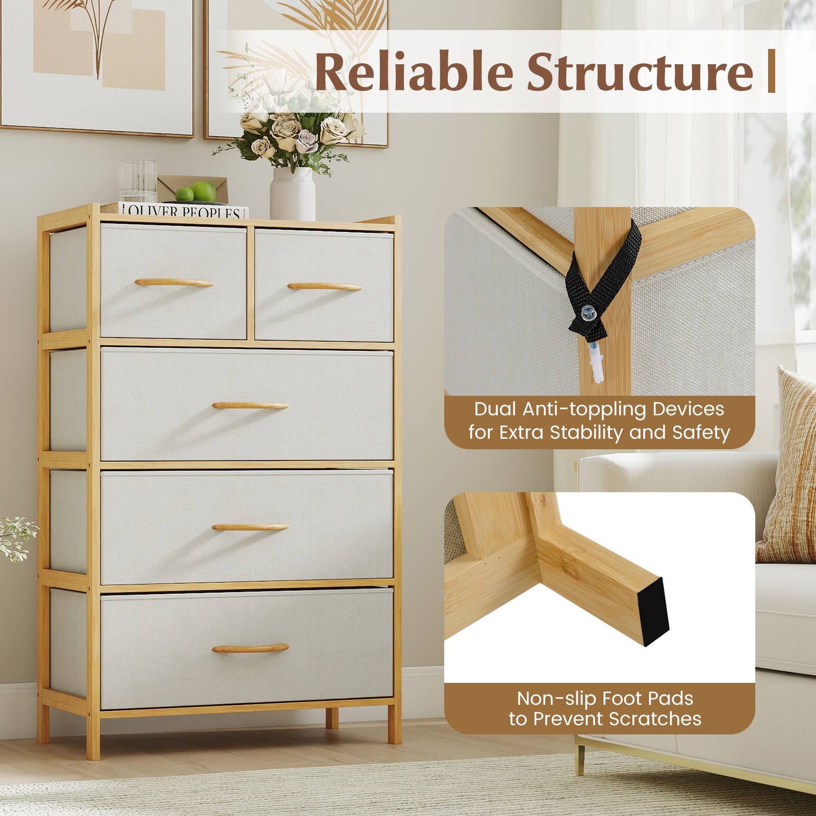 Gymax 5 Drawer Bamboo Chest of Drawers Storage Organizer Unit for