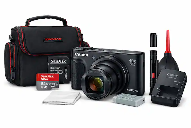 Canon SX740 HS 40x Optical Zoom Lens 3.3-172.0mm 1:3.3-6.9
Canon Battery Charger
SanDisk Ultra 64GB microSDXC A1
Canon Zoom Lens Adapter
Commander Bag