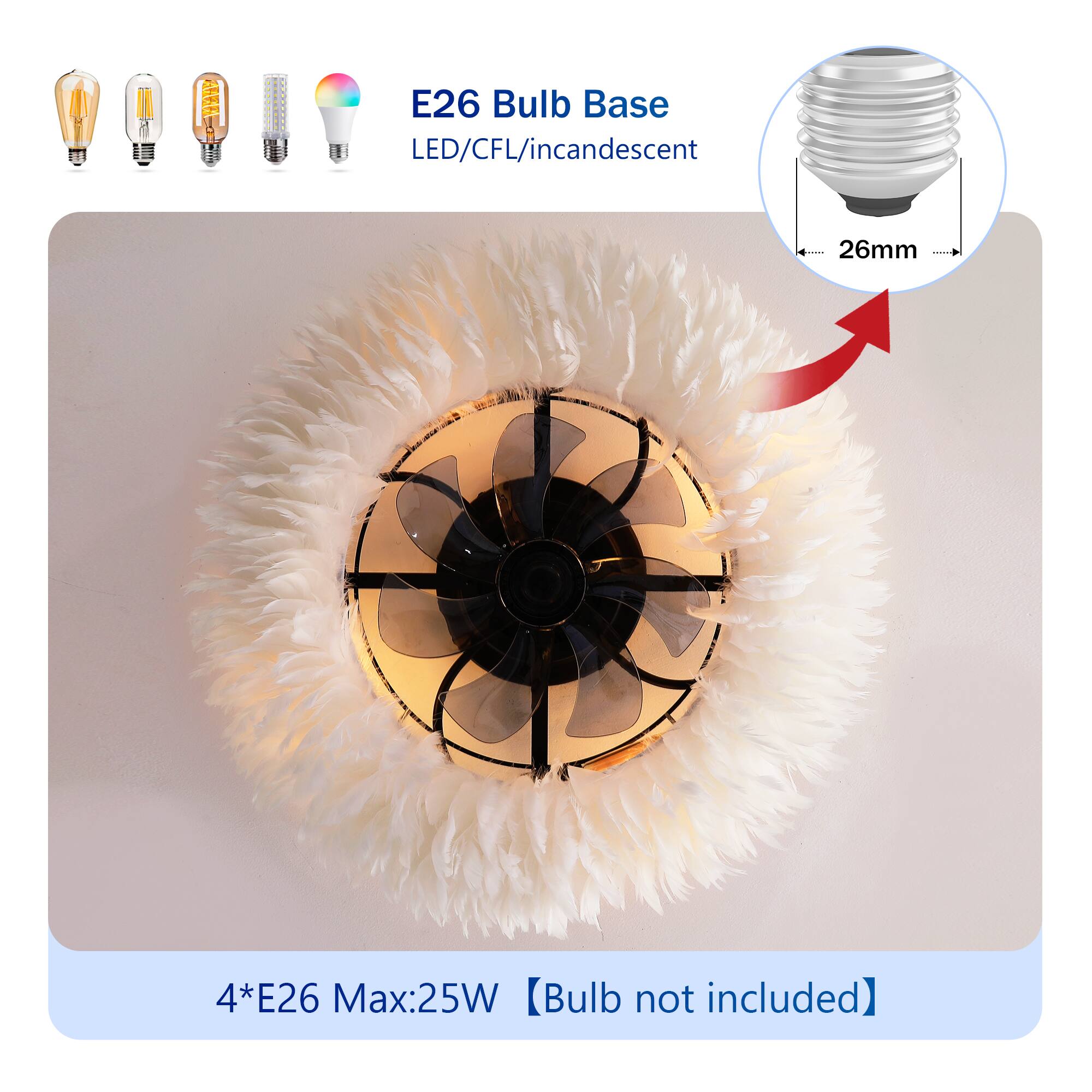 E26 Bulb Base  
LED/CFL/incandescent  

4*E26 Max:25W  
[Bulb not included]  

26mm