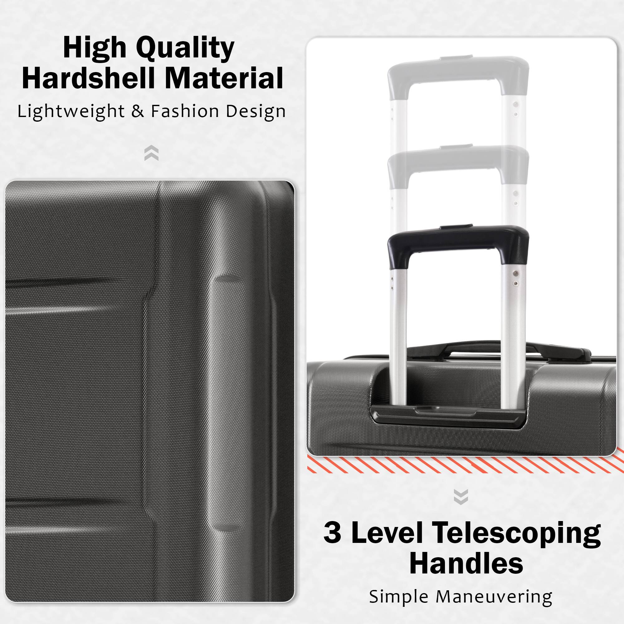 High Quality Hardshell Material  
Lightweight & Fashion Design  

3 Level Telescoping Handles  
Simple Maneuvering