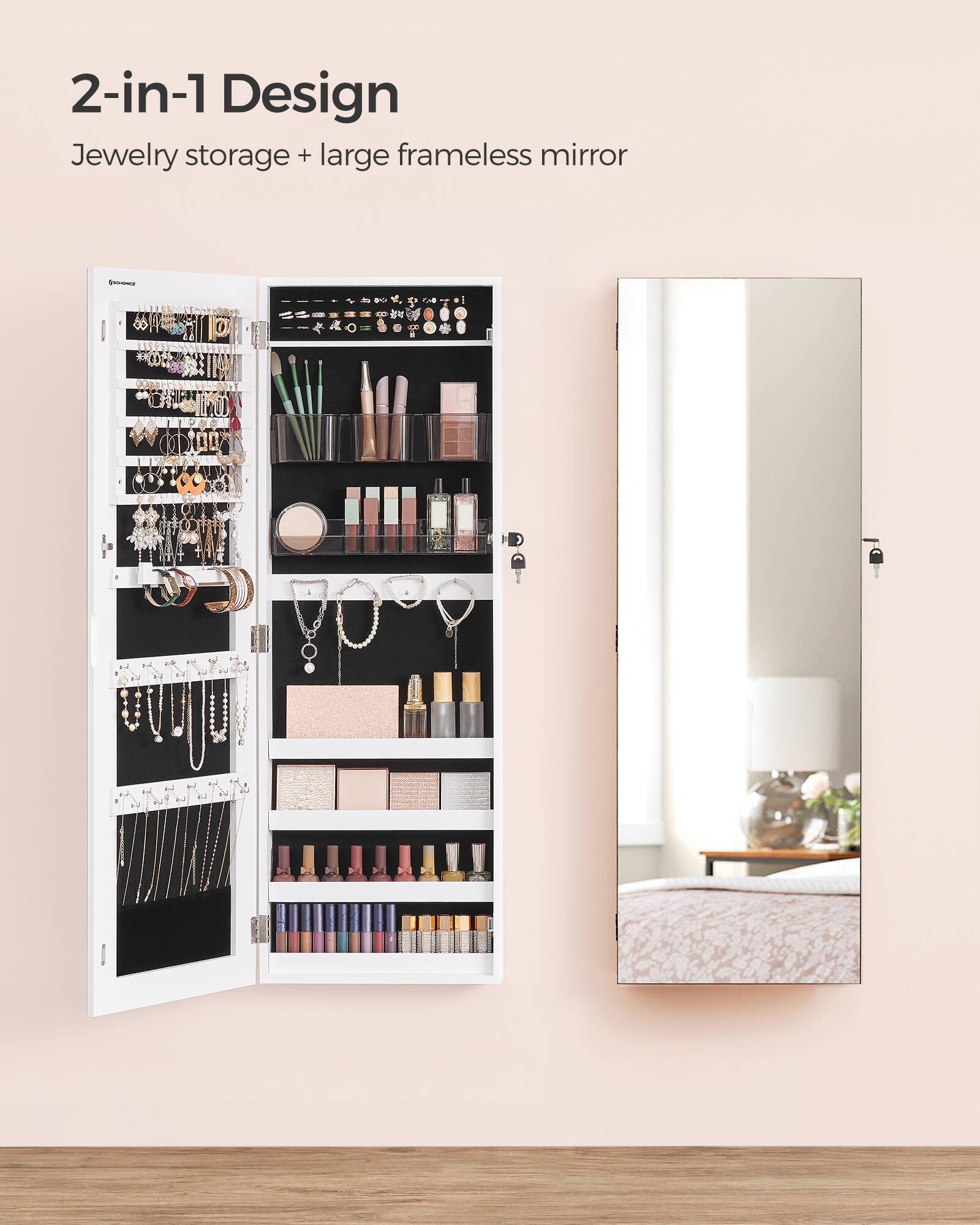 2-in-1 Design Jewelry storage + large frameless mirror