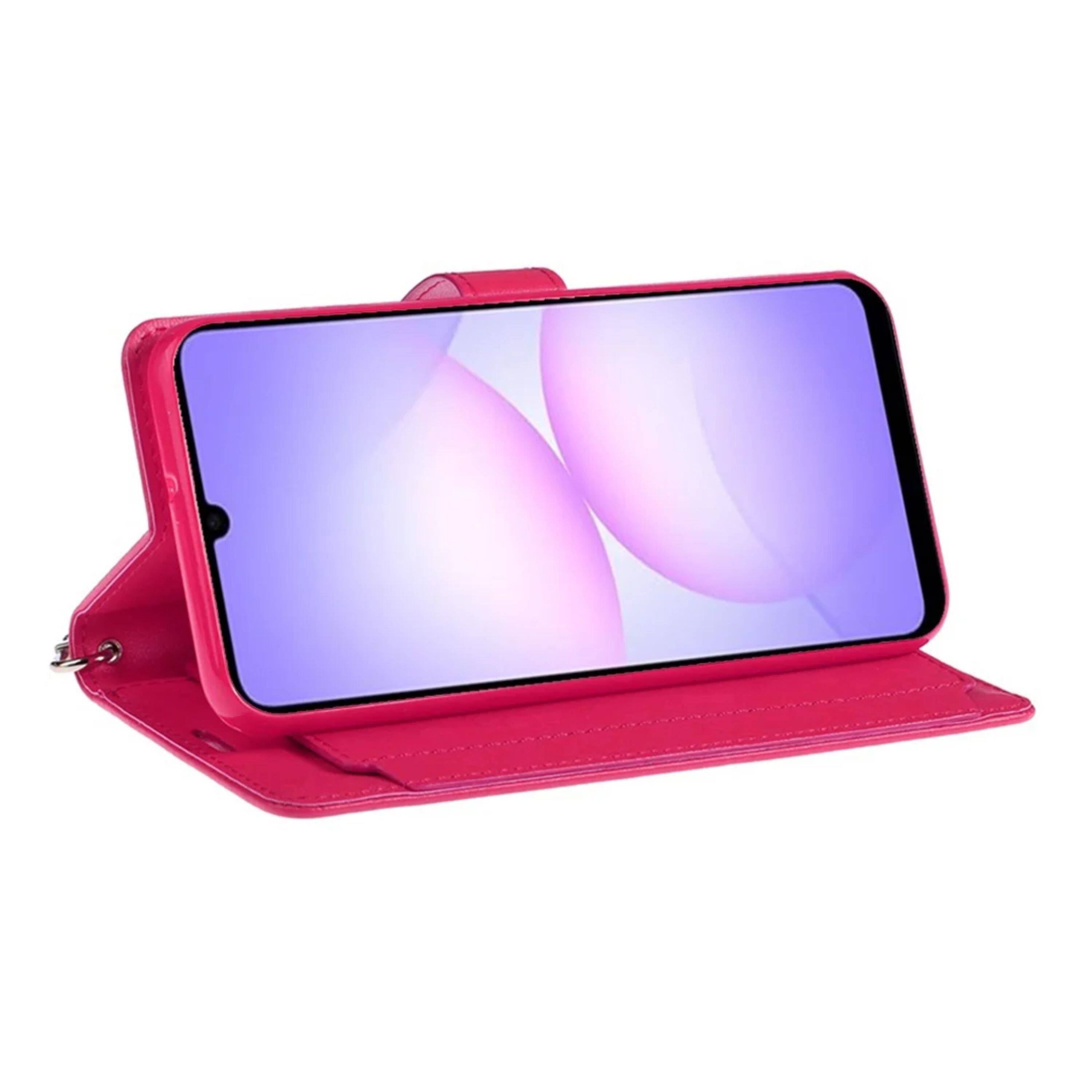 Left. Kitcheniva - PU Leather Phone Wallet Case With Wrist Strap Tempered Glass For Samsung Galaxy A07 Hot Pink - Hot Pink.
