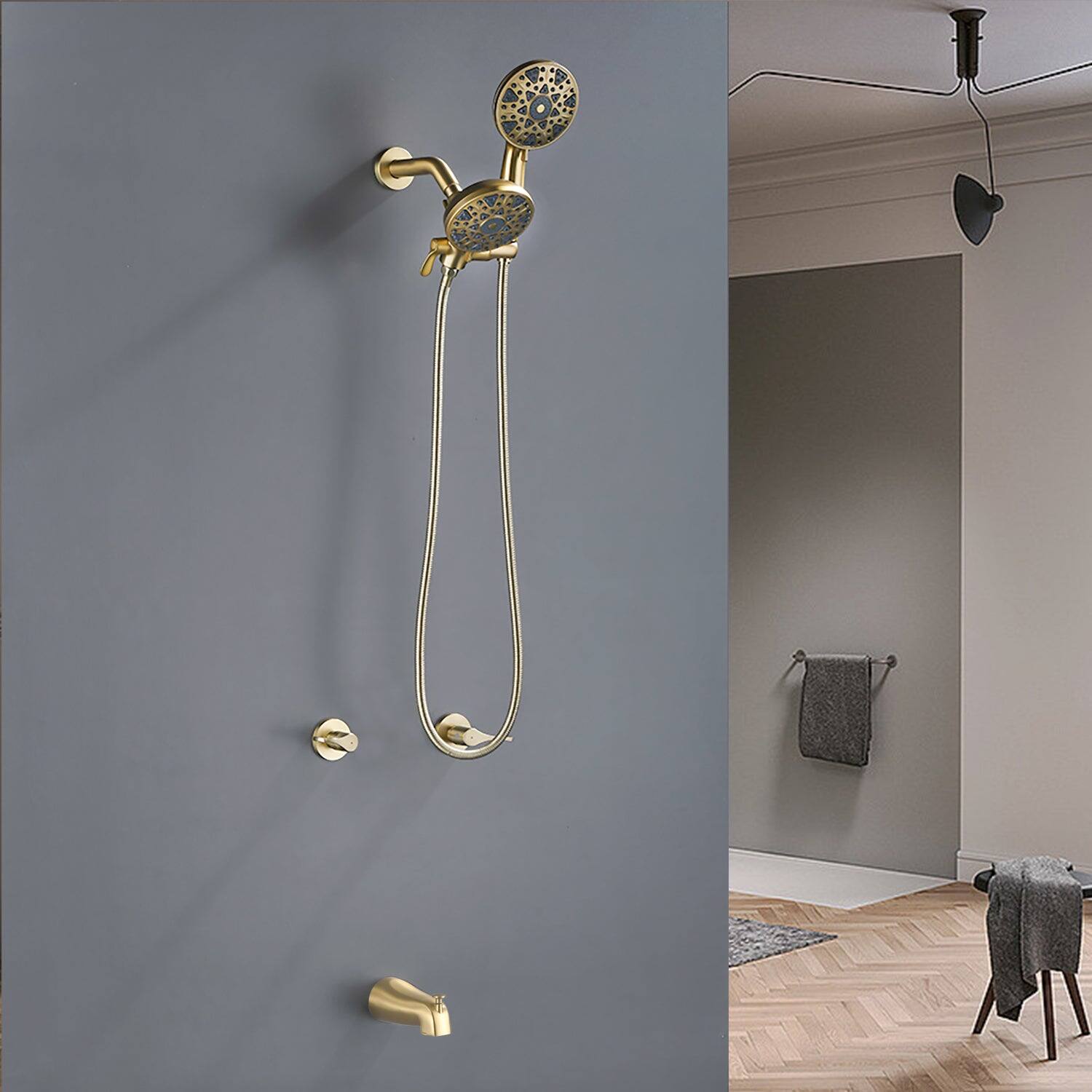 Alt View 2. Boyel Living - Brushed Gold Shower Set with Dual Handle Control 6 Function Dual Shower Heads and Tub Spout - Brushed Gold.