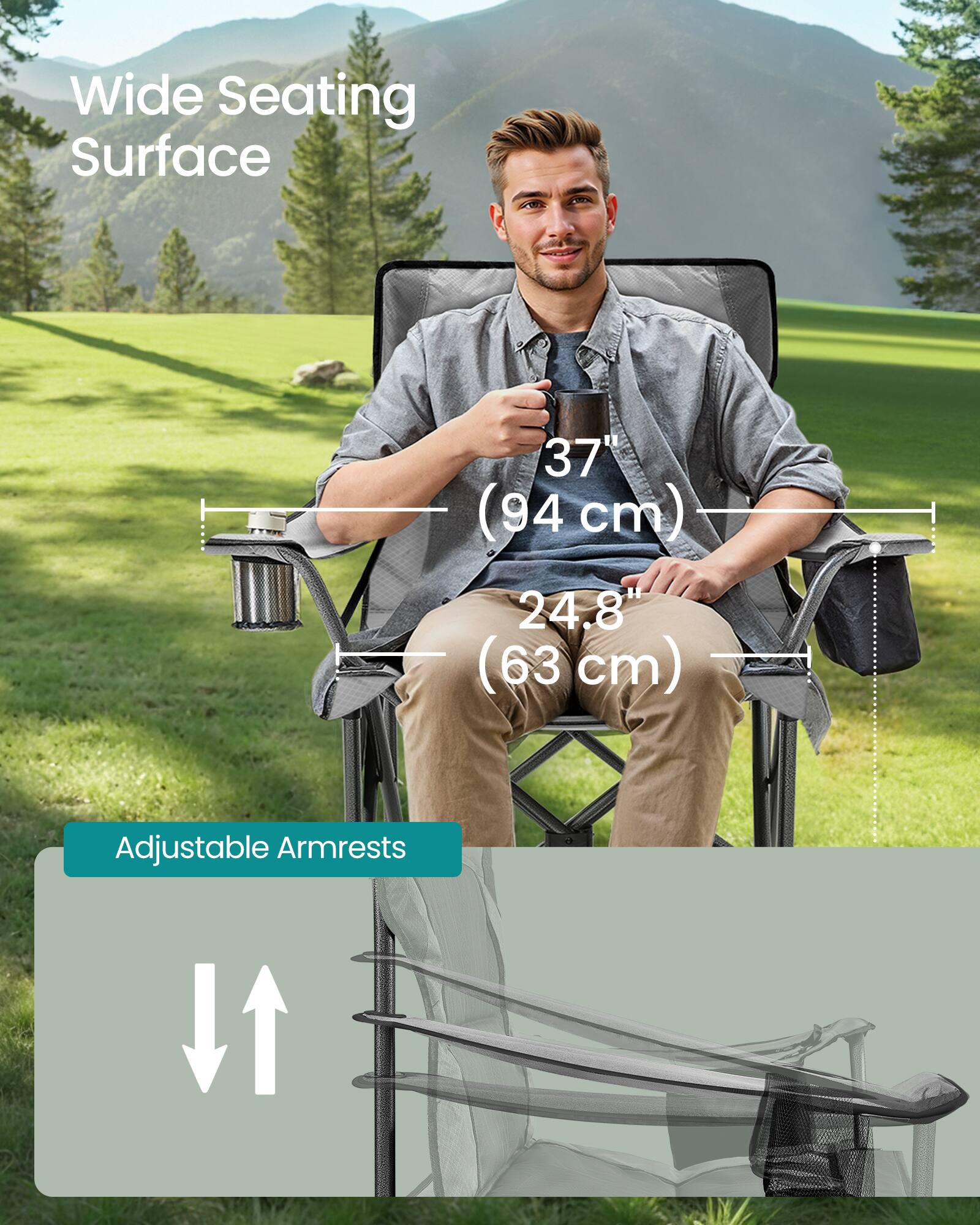 Wide Seating Surface  
37" (94 cm)  
24.8" (63 cm)  
Adjustable Armrests