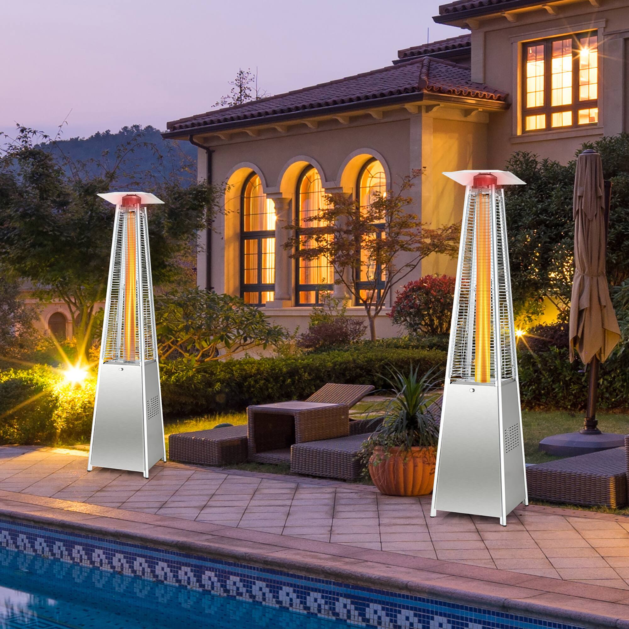 Alt View 2. Costway - Costway 90" Tall Pyramid Patio Heater Quartz Glass Tube Flame Heating 42000 BTU W/ Wheel - Silver.