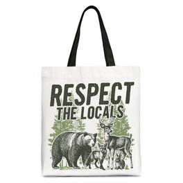 OrnamentallyYou - Respect the Locals Wild Animal Canvas Tote Bag, Vintage Camping Nature Gift Shopper - White Black