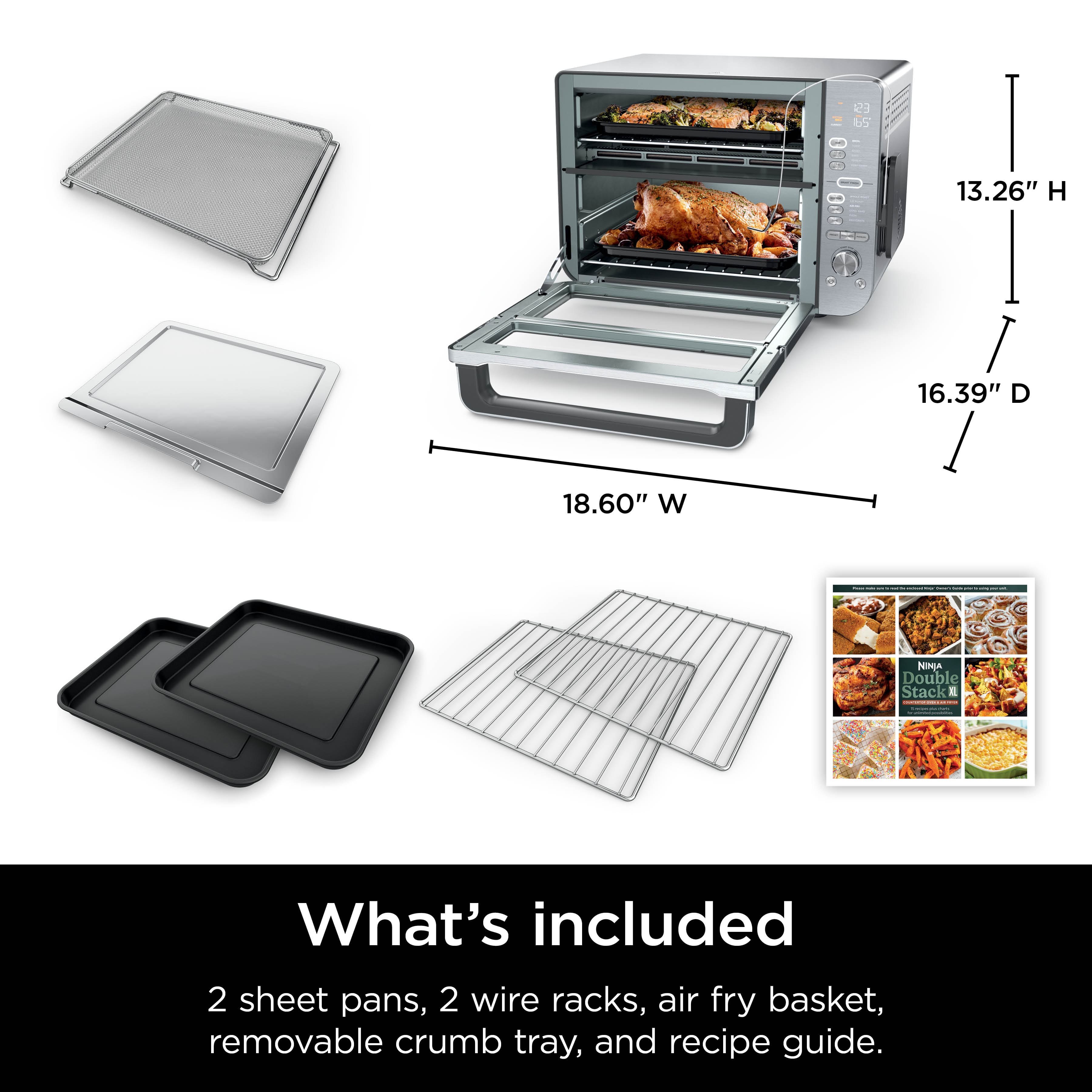 What's included: 2 sheet pans, 2 wire racks, air fry basket, removable crumb tray, and recipe guide.