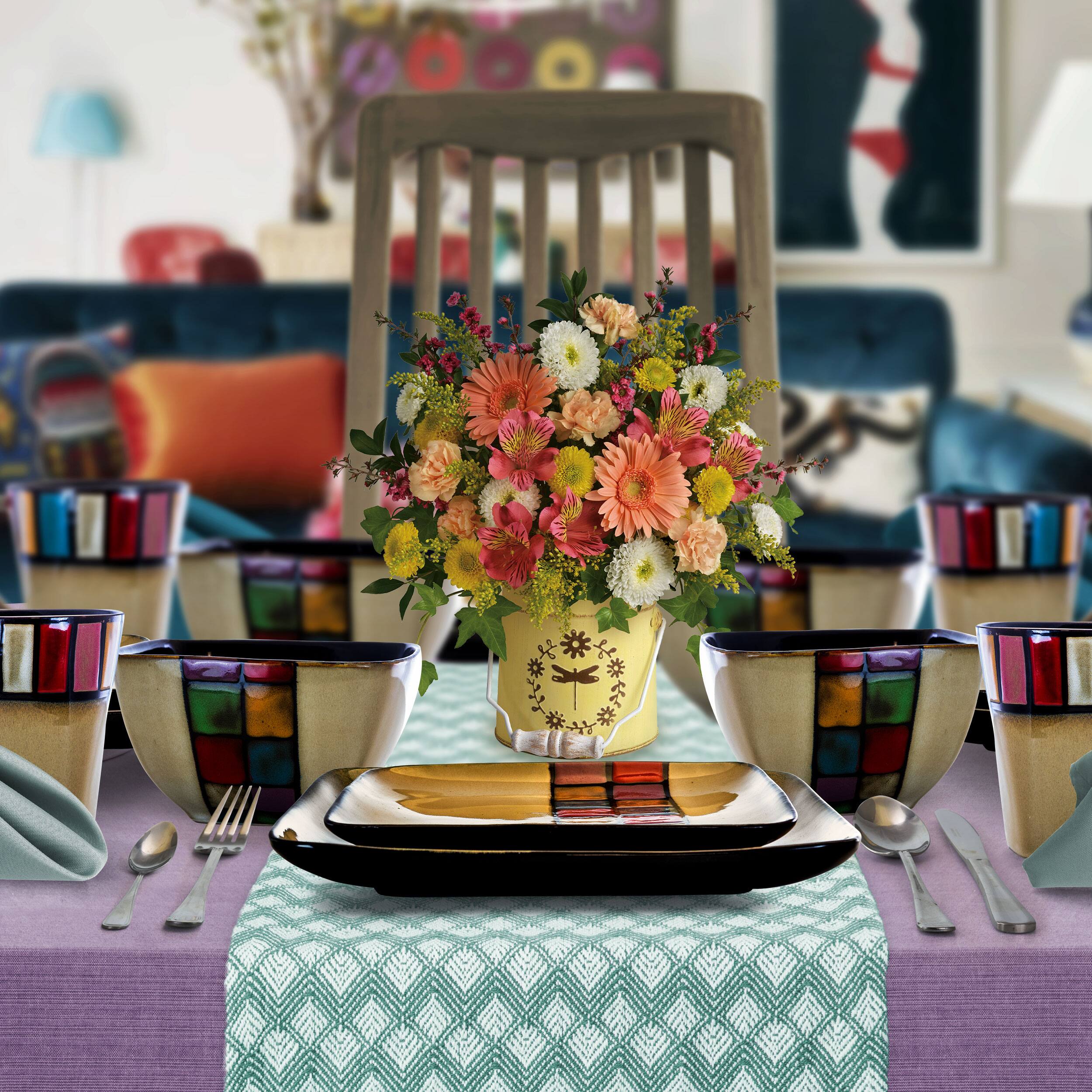 Alt View 8. Elama - Elama Color Melange 16 Piece Multicolored Square Stoneware Dinnerware Set - Beige and Multi.