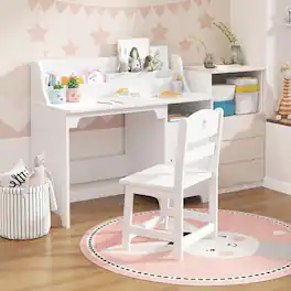 Acekool - Kids Desk and Chair Set, Wooden Children Study Table with Hutch, Storage Cabinet - White