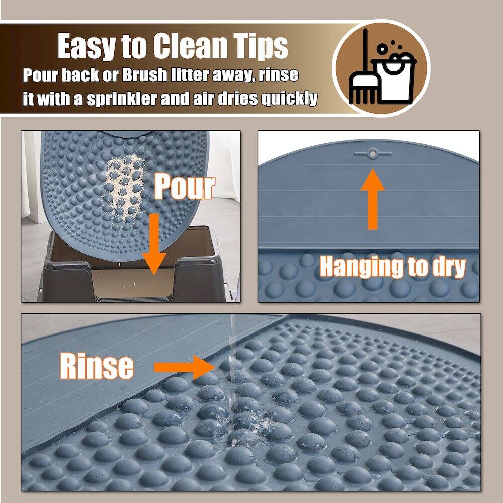 Easy to Clean Tips  
Pour back or Brush litter away, rinse it with a sprinkler and air dries quickly  

Pour  
Hanging to dry  
Rinse