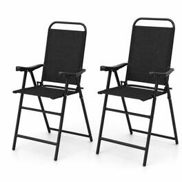 Gymax - 2PCS Patio Bar Chair Folding Bar Height Metal Frame w/ Footrest Garden Coffee - Black