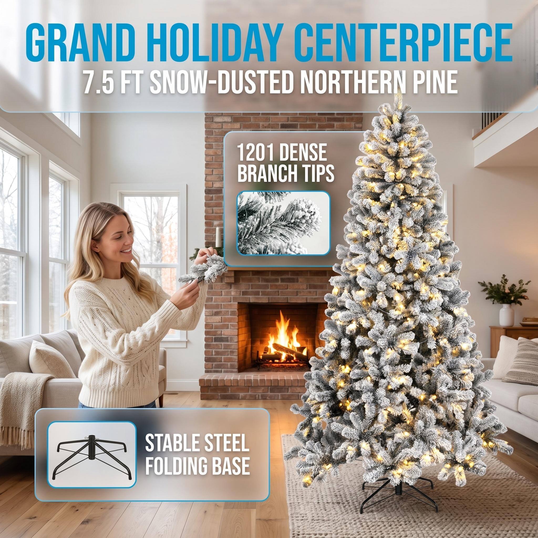 GRAND HOLIDAY CENTERPIECE  
7.5 FT SNOW-DUSTED NORTHERN PINE  
1201 DENSE BRANCH TIPS  
STABLE STEEL FOLDING BASE