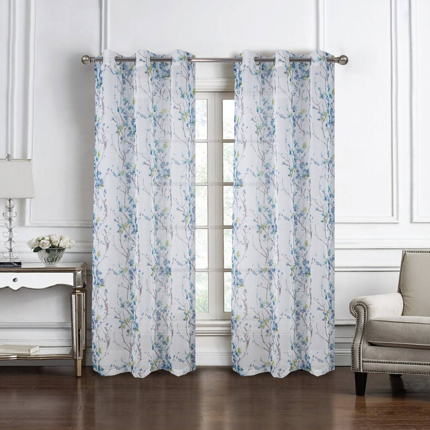 Angle. Olivia Gray - Olivia Gray 100% Polyester 72 GSM Amelia Printed Doily Grommet Curtain Panel 54" x 84" Blue - Blue.