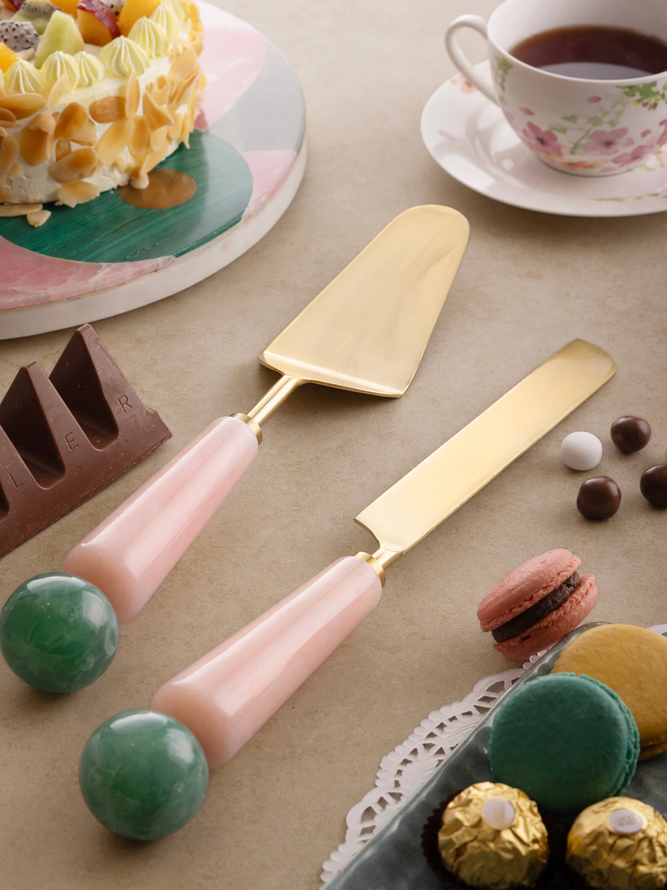 Back. GAURI KOHLI - Copenhagen Cake Servers - Shades of pink, green and gold.